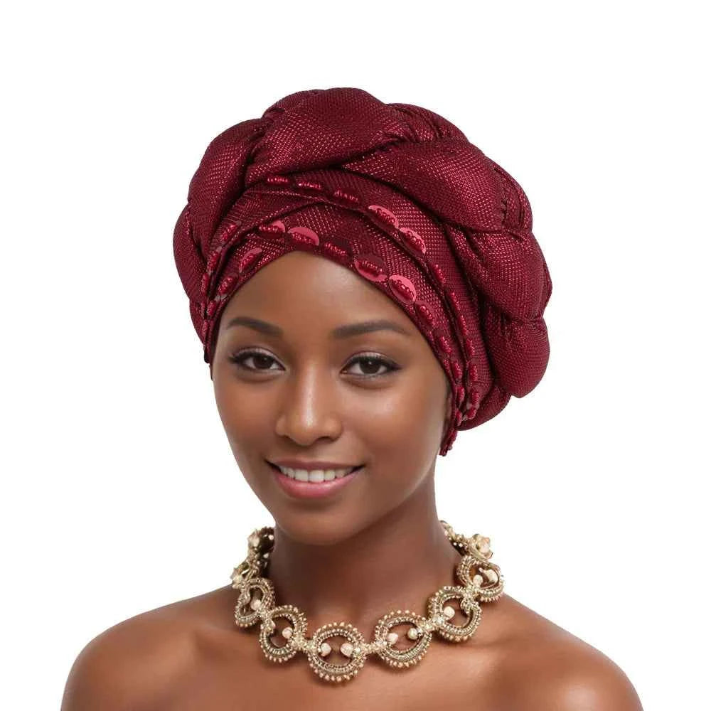 2025 Latest African Auto Gele Headtie Already Made Headties Shinning Turban Cap for Women Ready Nigerian Hijab Braid Head Wraps