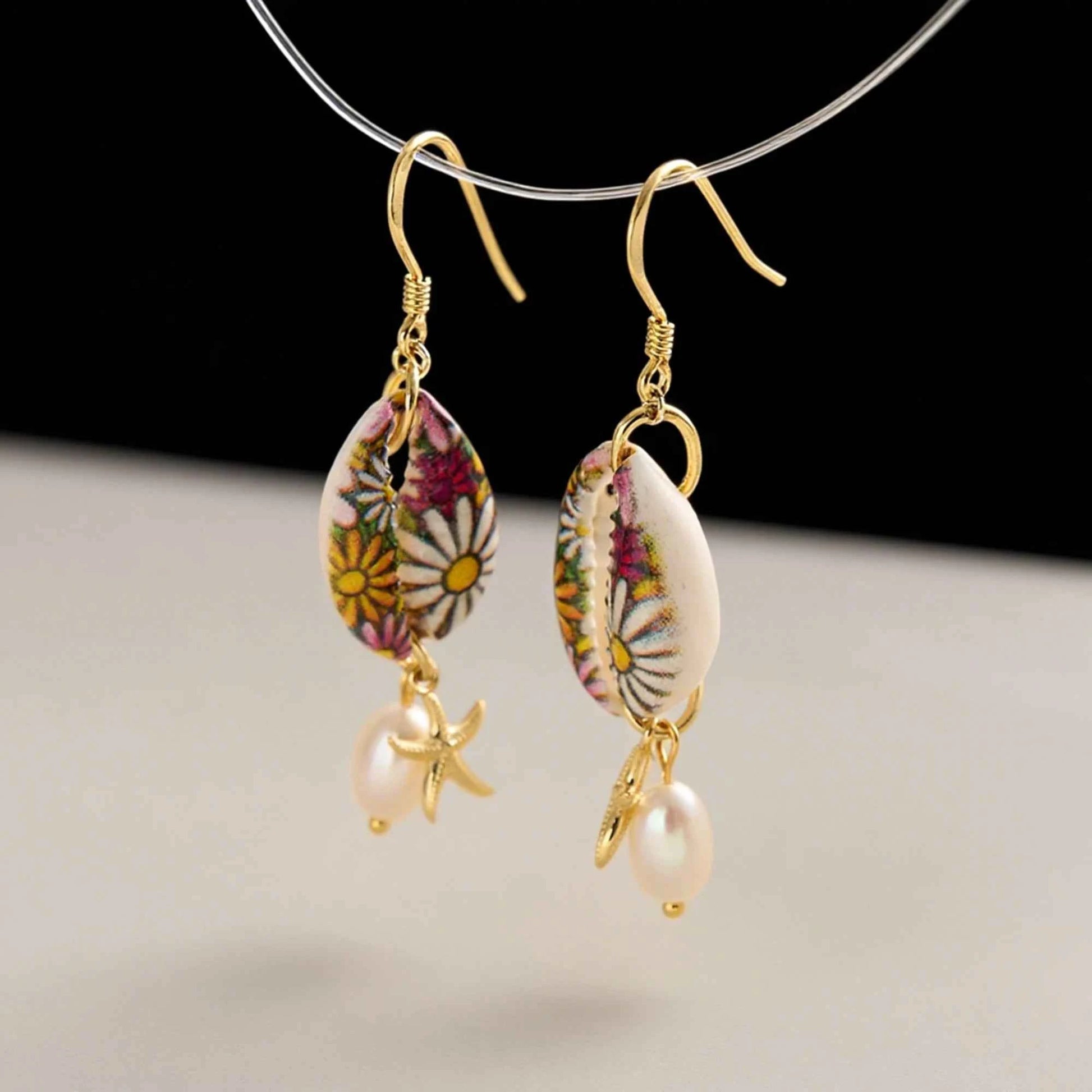 Effie Queen Natural Freshwater Pearls With Starfish Style & Floral Pattern Ornament 925 Sterling Silver Dangle Earrings GPE117