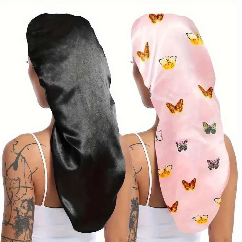 2pc Long Silky Sleep Bonnet For Straight Curly Hair, Extra Large Hair Bonnets For Dreadlock And Braids, Satin Sleeping Caps - NamafadStore