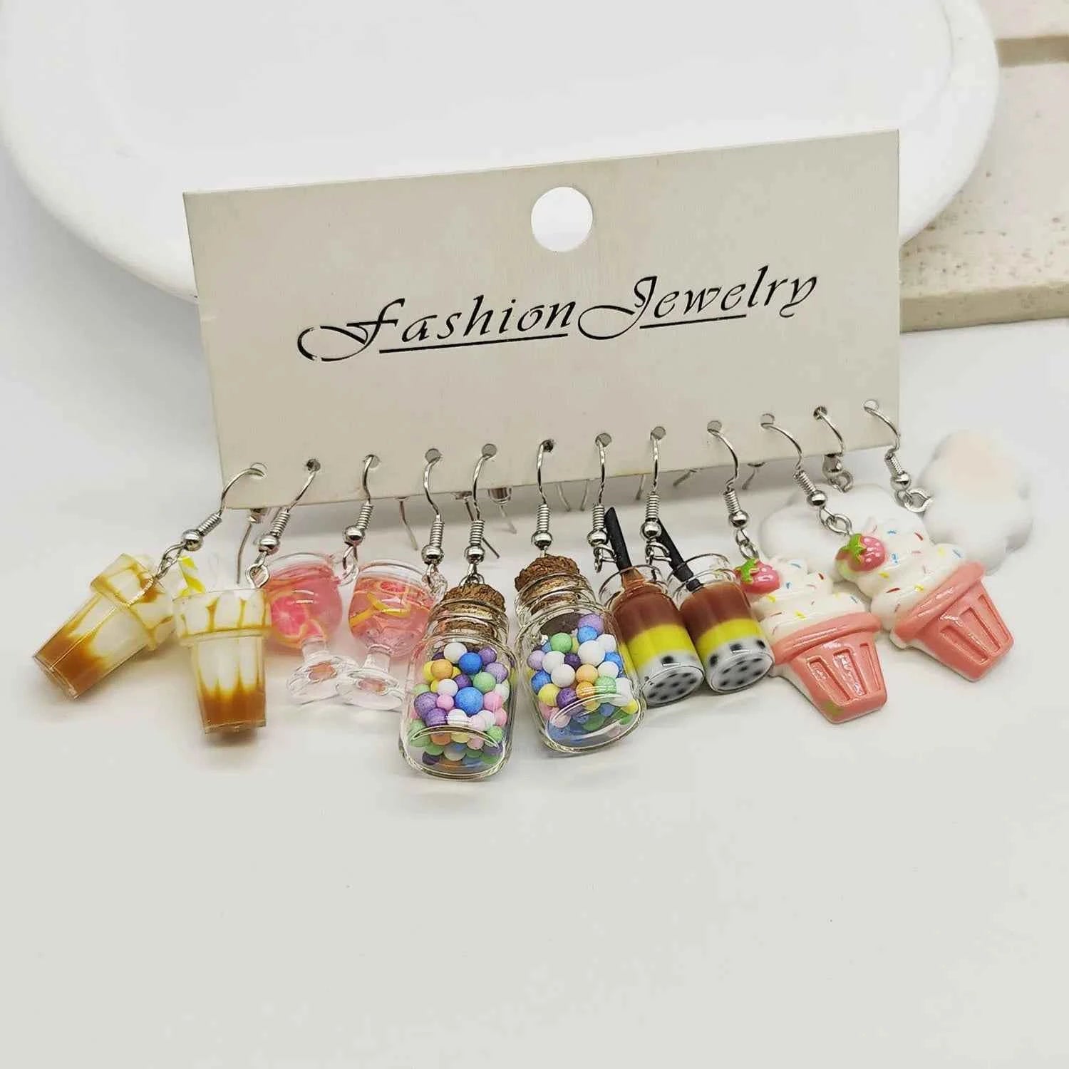 Cross border fashion cartoon resin simulation food and play ice cream milk tea earring set