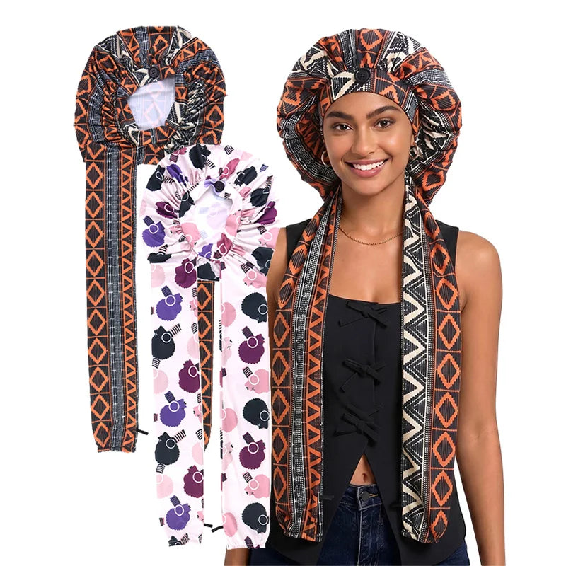 2-Piece Ice Silk Hair Bonnet & Head Wrap – Long Tube Sleep Caps