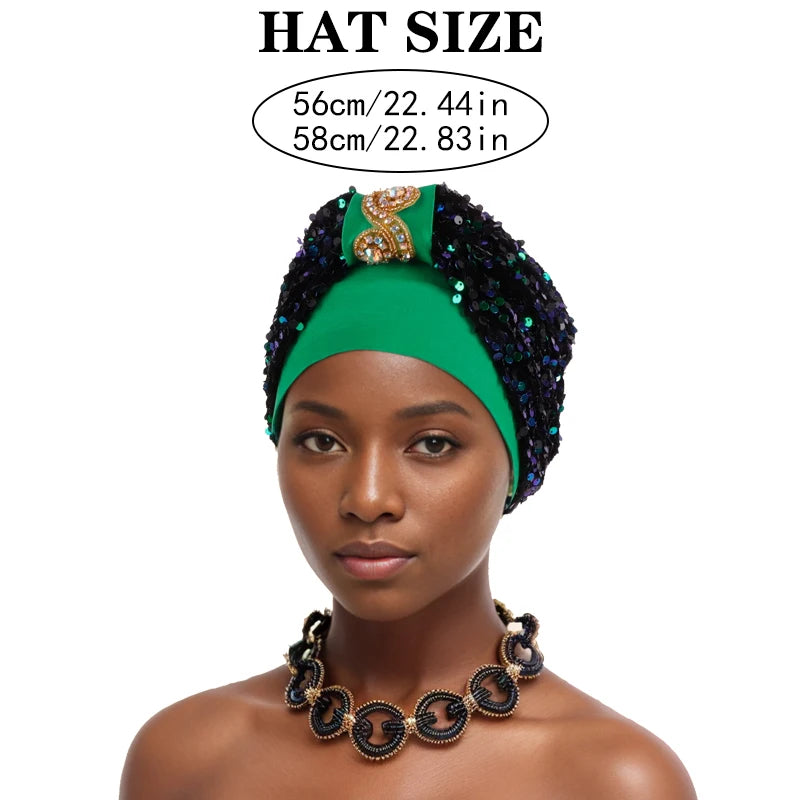 Shining Diamond Sequins Women's Turban Cap African Hat Headtie Bonnet Muslim Headwear Top Knotted Head Caps Turbante Mejur - NamafadStore