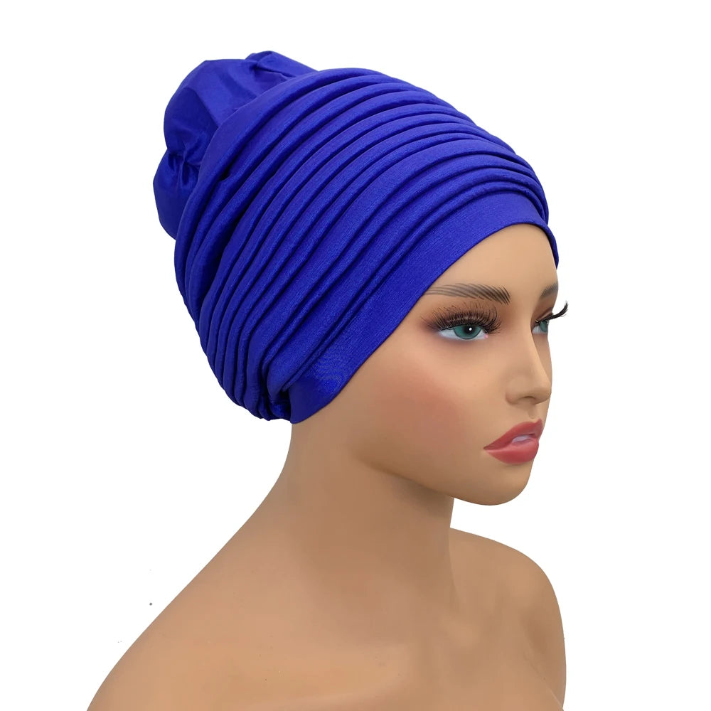 New Raw Silk Pleated Turban Cap for Women African Female Head Wraps Nigeria Lady Headwear Hat Wedding Headtie - NamafadStore