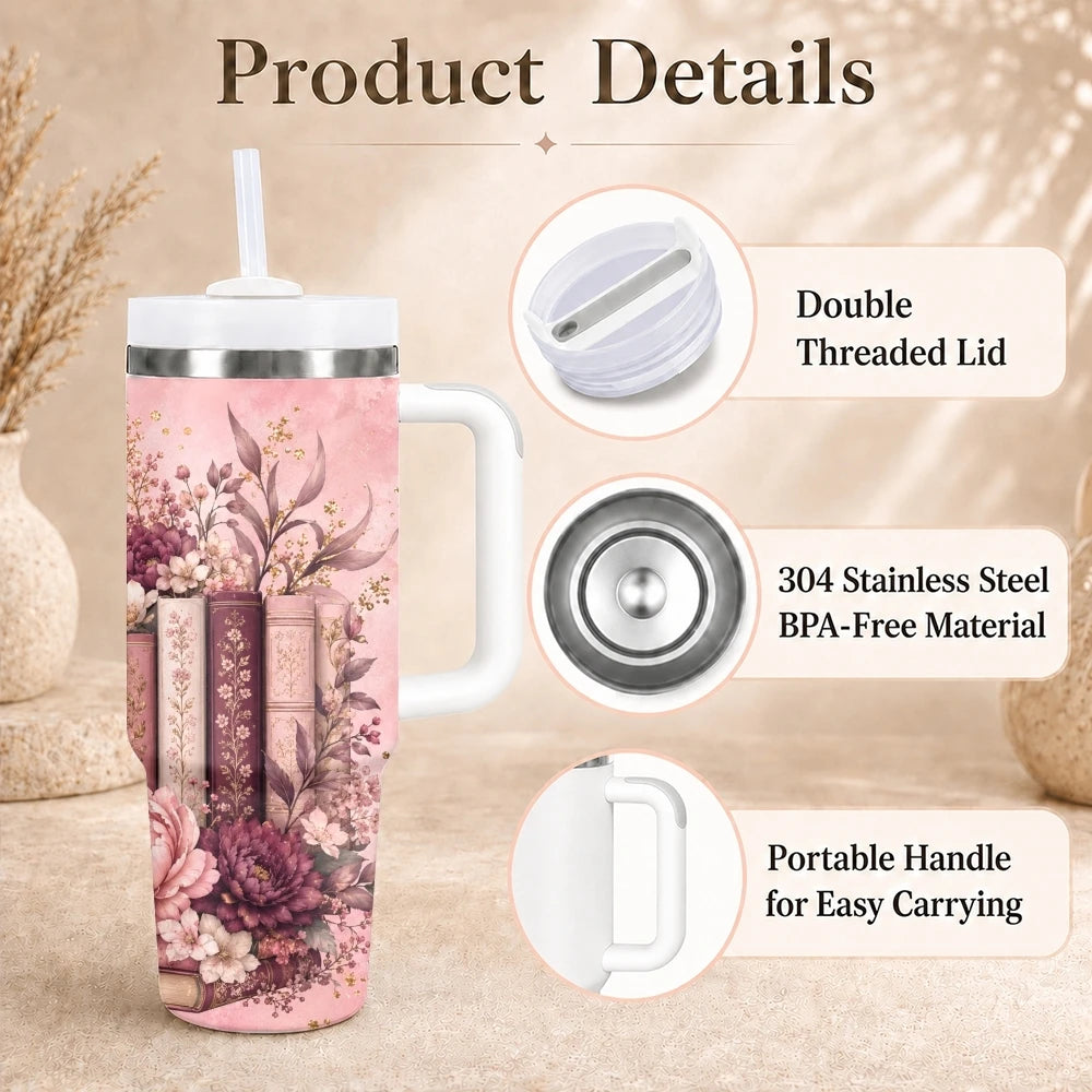 Floral & Book Lover 40oz Tumbler – Insulated Stainless Steel Cup with Straw
