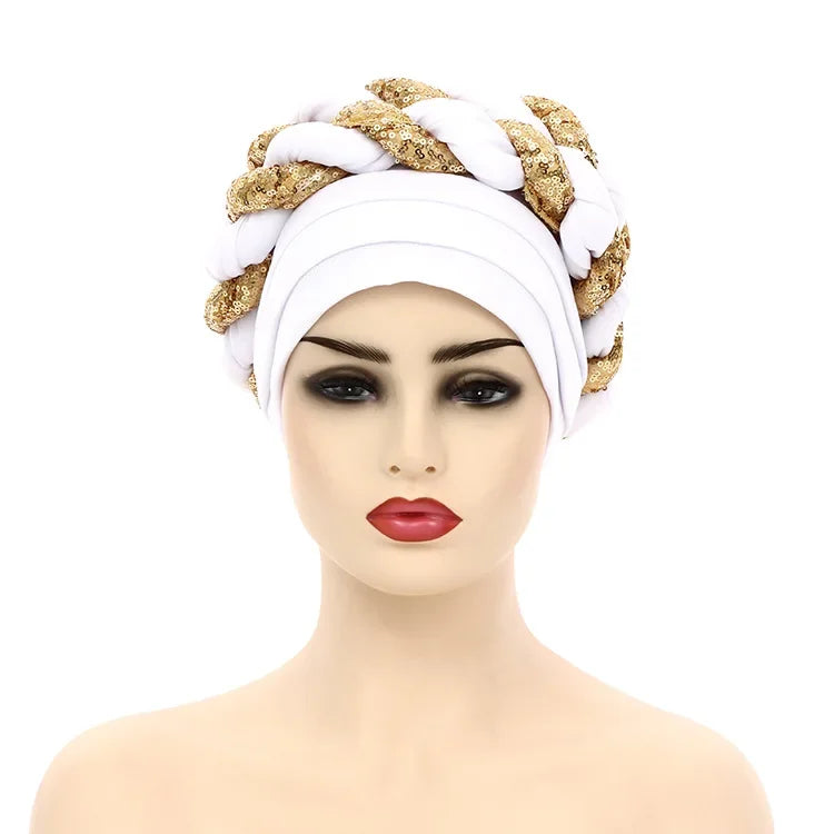 Women Braid Turbans Latest African Headtie Ladies Sequin Head Wraps African Aso Oke Winter Headtie Negerian Wedding Gele Caps