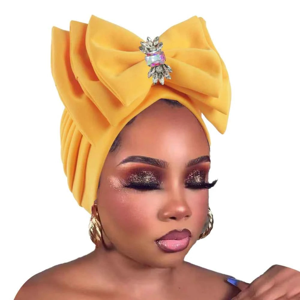 Women's Sweet Turban Cap with Multi Layer Bow Tie African Lady Head Wraps Bonnet