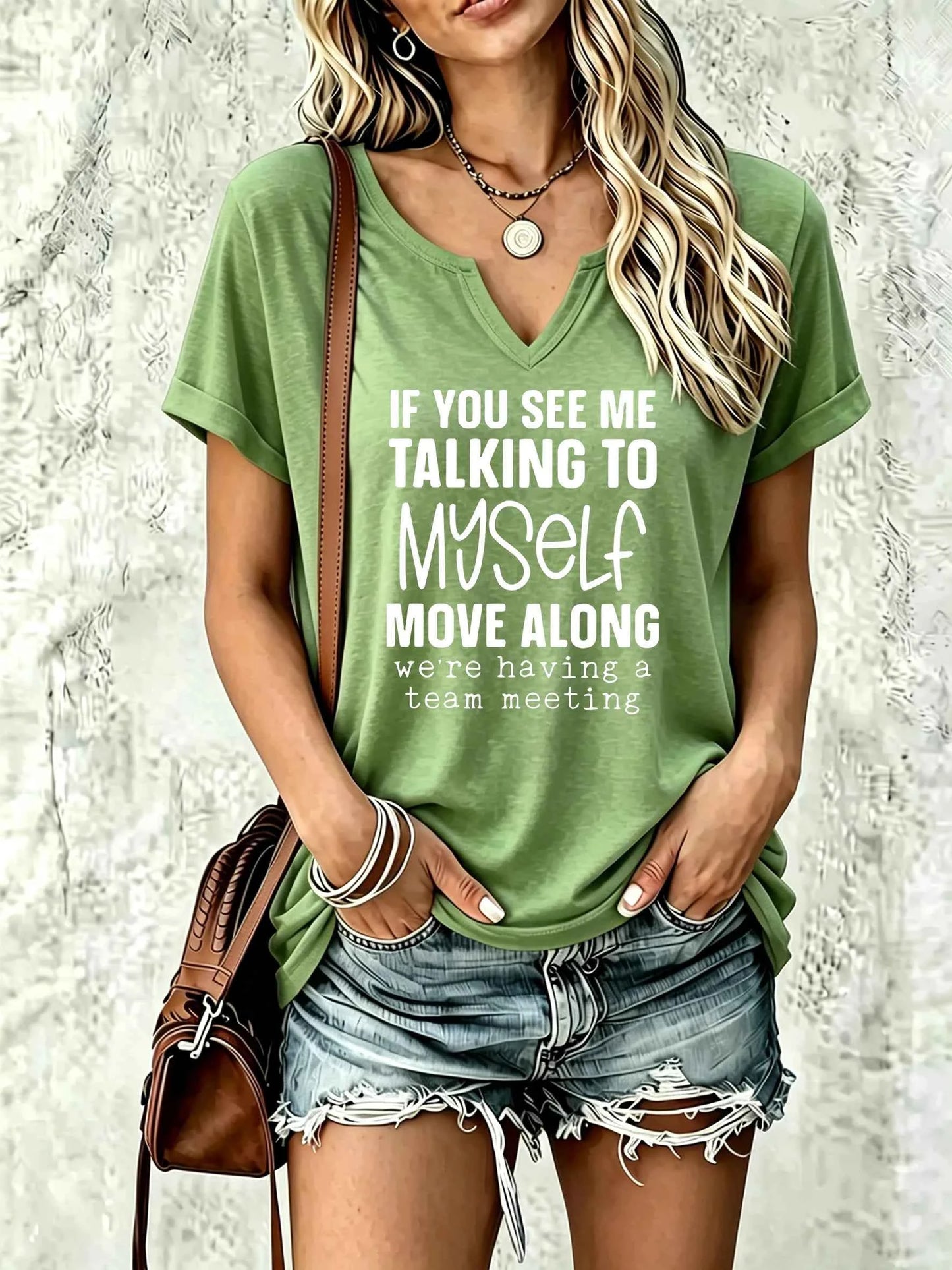 Women Summer V Neck T-shirt, Funny Team Meeting Slogan Letter Print, Soft Casual Humor Daily Basic Tee for Ladies