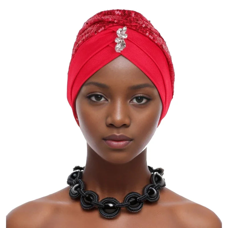 Muslim Headscarf Cap Lady Headwrap Hat Turbante Mujer Sequins Turban Cap for Women Cross Forehead Wrap Head Bonnet - NamafadStore
