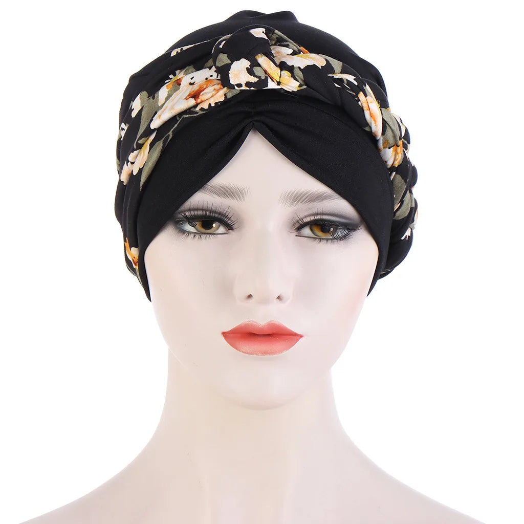Muslim Women Twist Braid Turban Hats Pre Tied Headscarf Print Flower Hijabs Bandana Chemo Beanies Caps Cover - NamafadStore