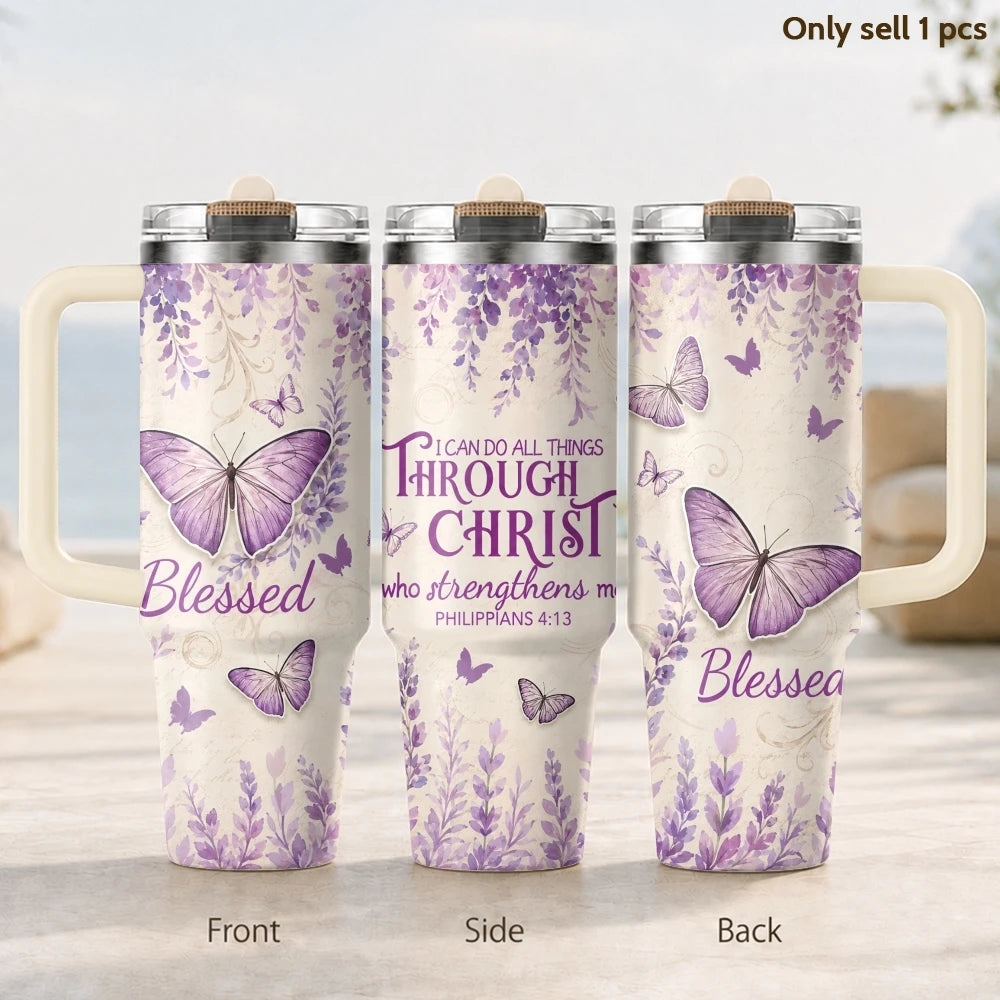 Purple Butterfly 40oz Tumbler – Floral Stainless Steel Insulated Cup with Straw