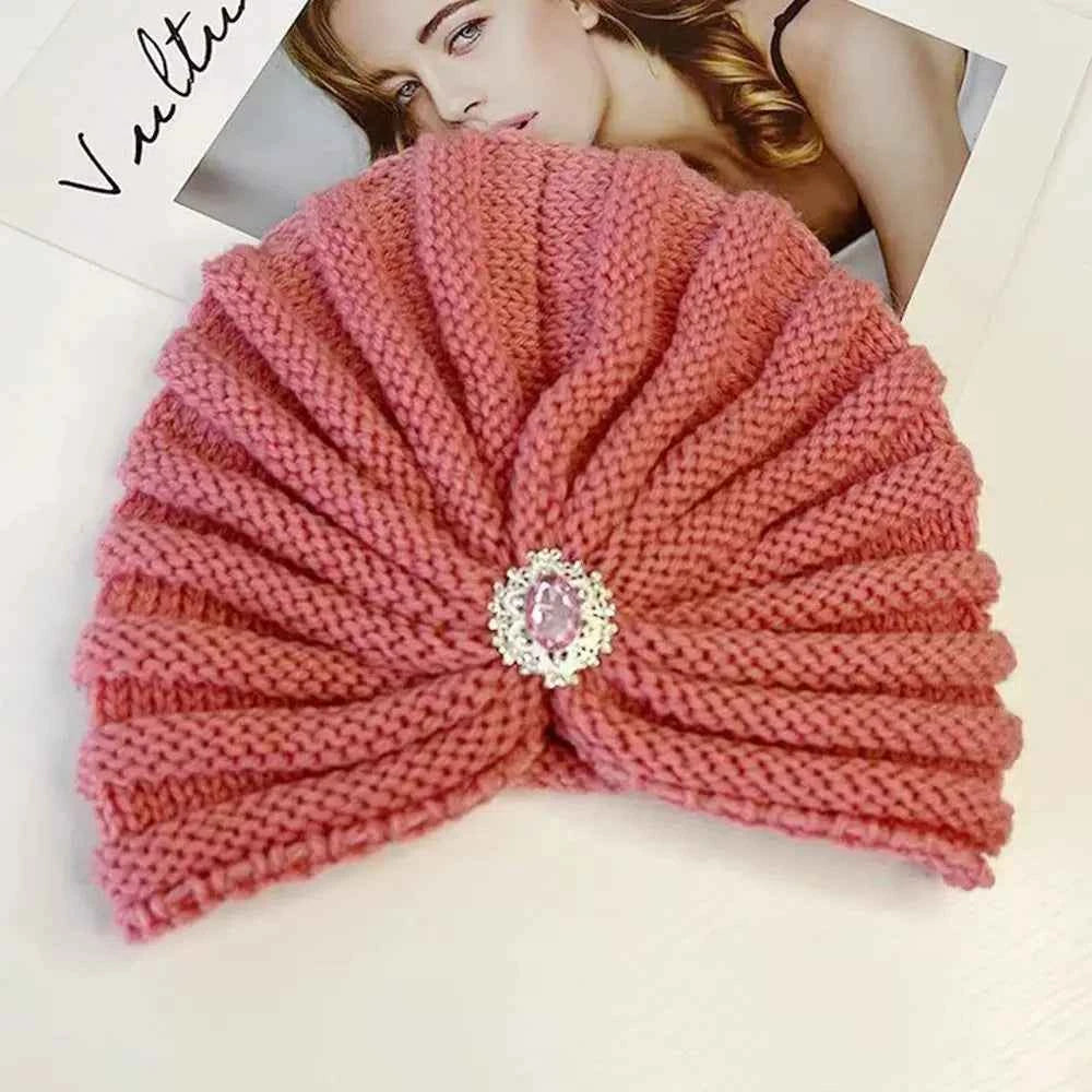 Fashion Winter Warm Hijab Caps Soft Thick Bohemia Turban Diamond Jewelry Wool Knitting Knitted Hats for Women