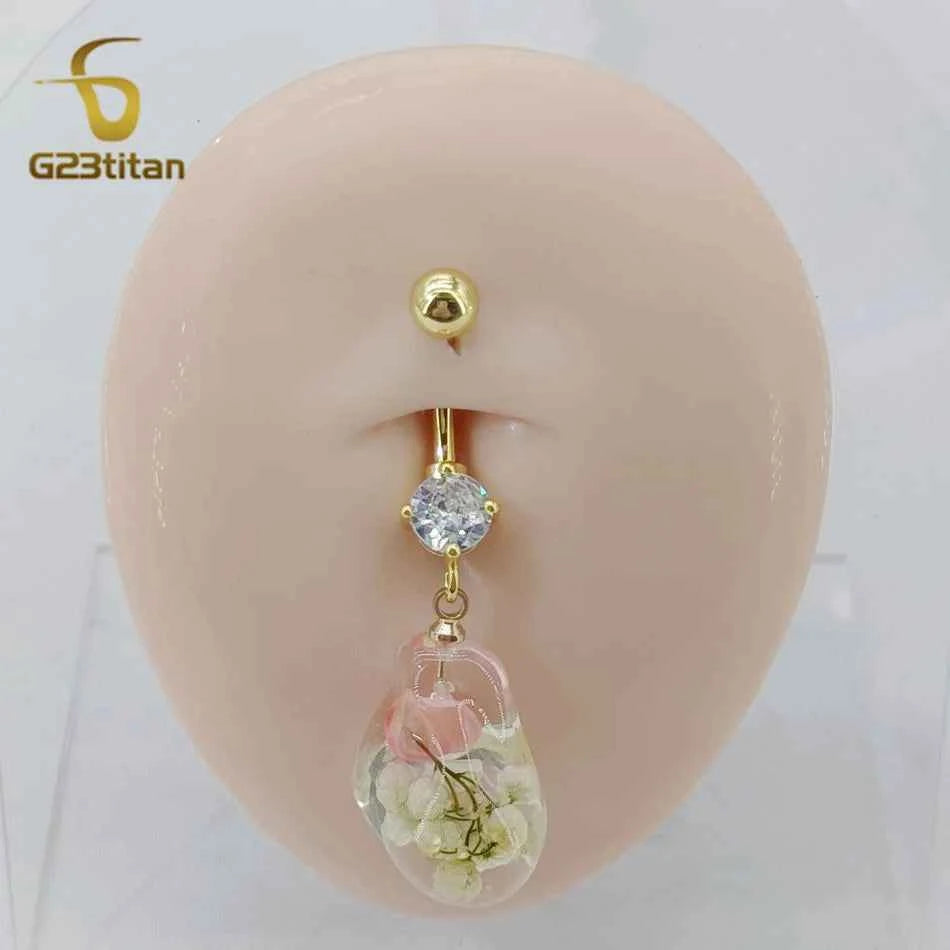 Transparent Resin Flower Charm Dangle Belly Button Ring 14G Allergy Free Titanium Bar Navel Piercing Women Summer Beach Jewelry
