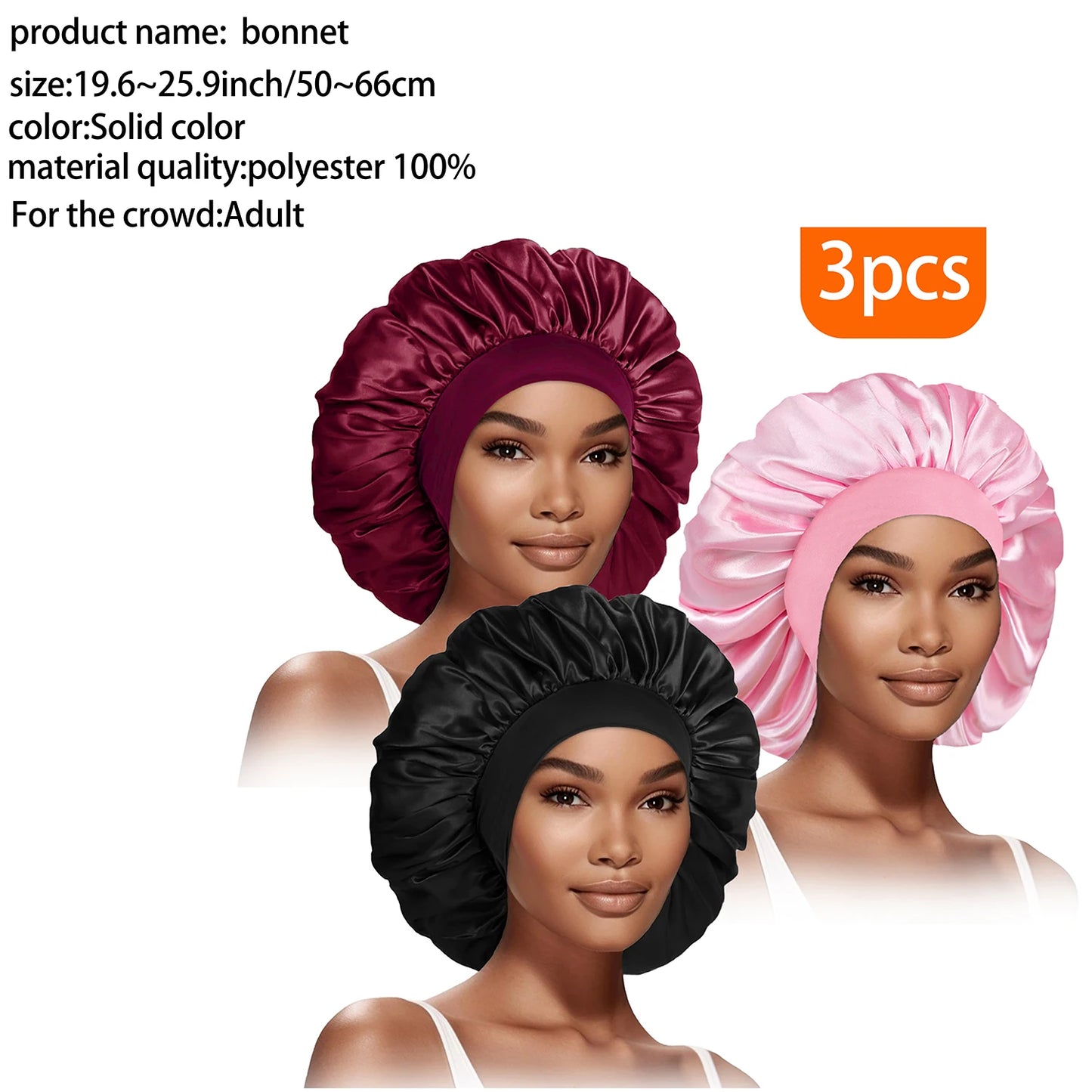 3pcs Women's Fashion Bonnet Large Wide Edge Elastic Hat Casual Sports Silk Smooth Suitable for Curled Straight Hair Sleeping Hat - NamafadStore