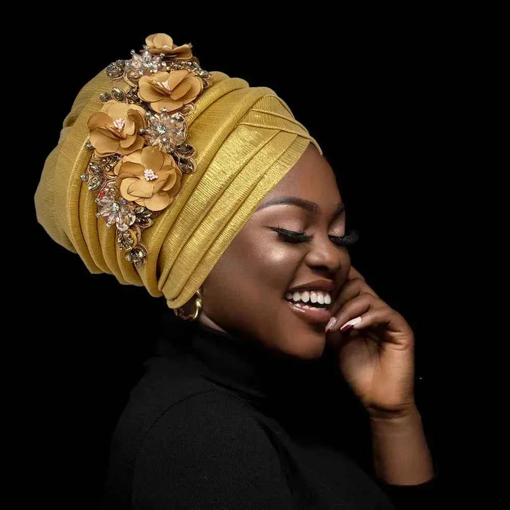 Already Made Wedding Geles Female Head Wraps with Diamond Flower 2024 New African Women's Turban Cap Nigeria Auto Gele Headtie