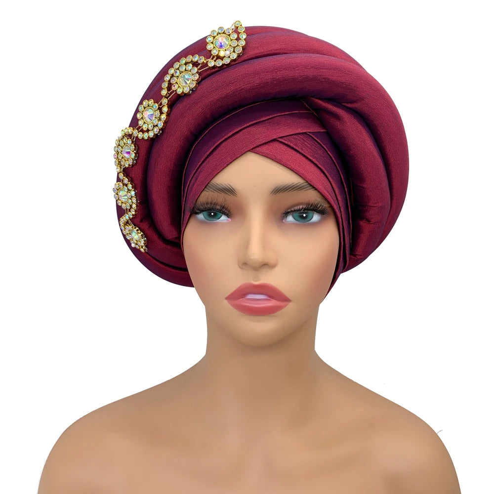 Twisted Braid Turban Cap for Women African Lady Head Wraps Diamonds Nigeria Raw Silk Autogele Headtie Muslim Hat Party Headwear - NamafadStore