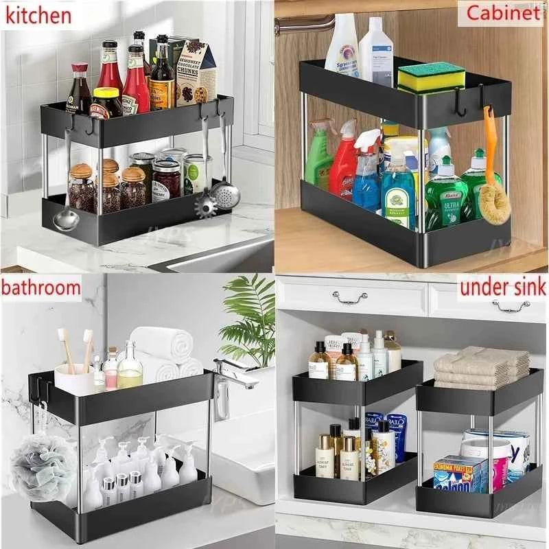 2 Tier Under Sink Organizer Sliding Cabinet Basket Organizer Storage Rack with Hooks Hanging Cup Bathroom Kitchen Organizer