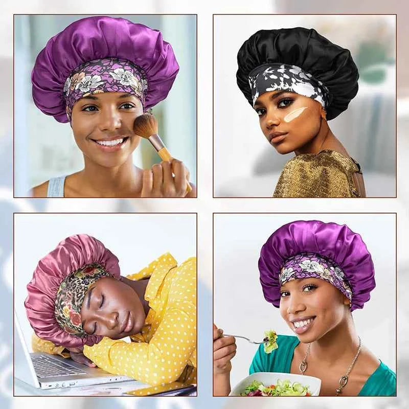 Large Women Satin Bonnet Night Hat Flower Print Elastic Wide Band Sleeping Cap Women Hair Care Shower Cap Hats Head Wrap