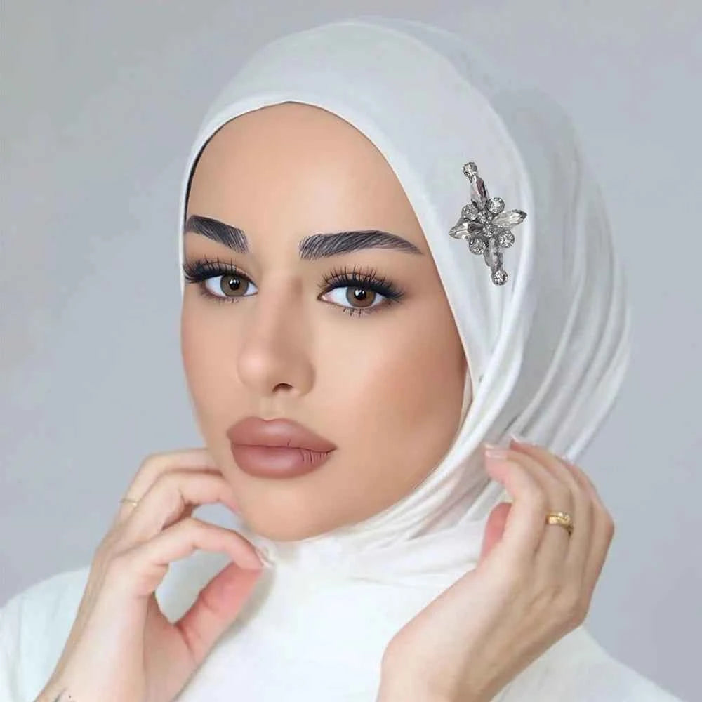 Ready to Wear Instant Hijab with Crystal Flower Full Cover Inner Instant Jersey Scarf With Tie Back Buttons Muslim