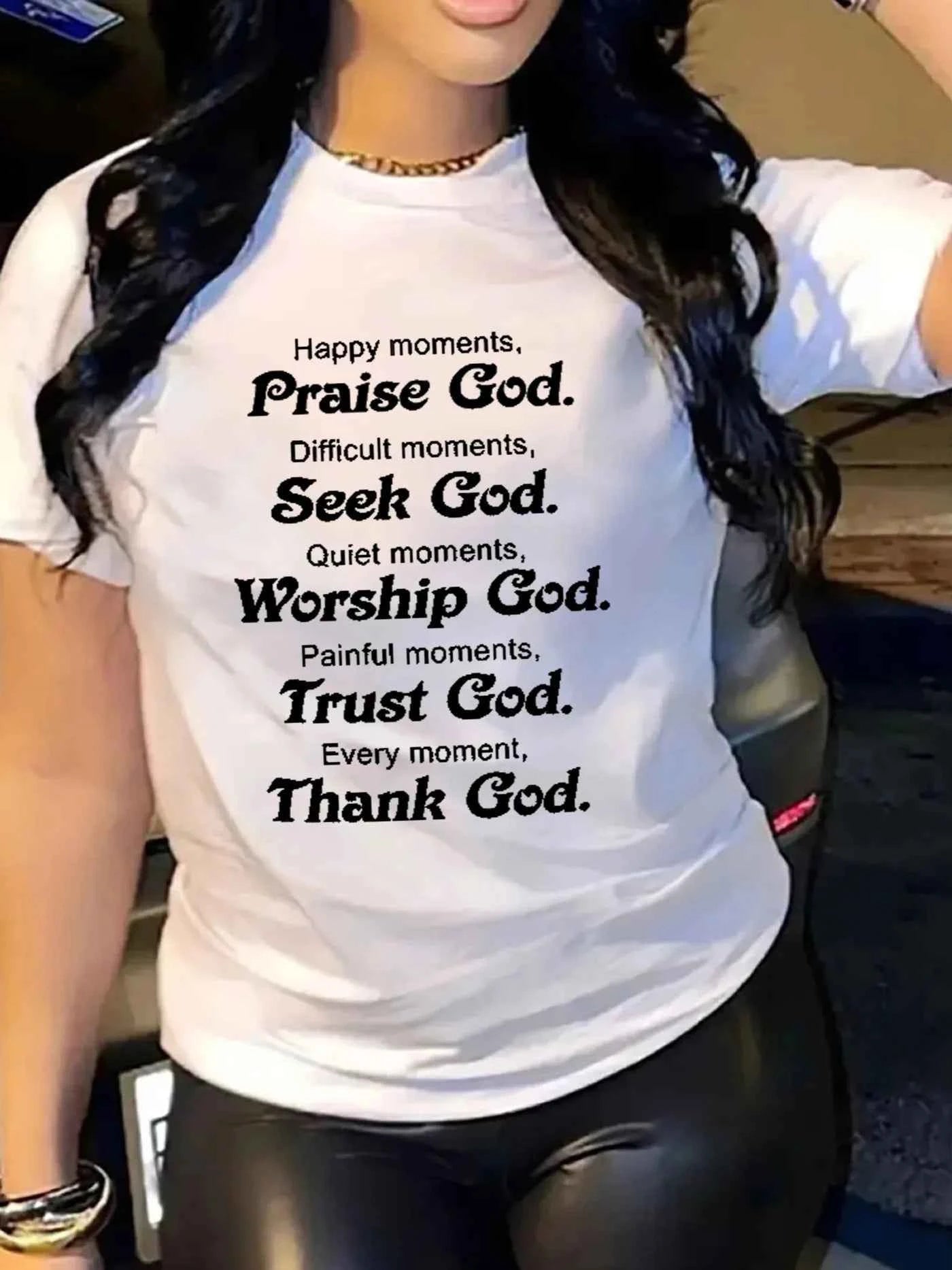 Praise Seek Trust God Women's Tee - Christian Quote White Top