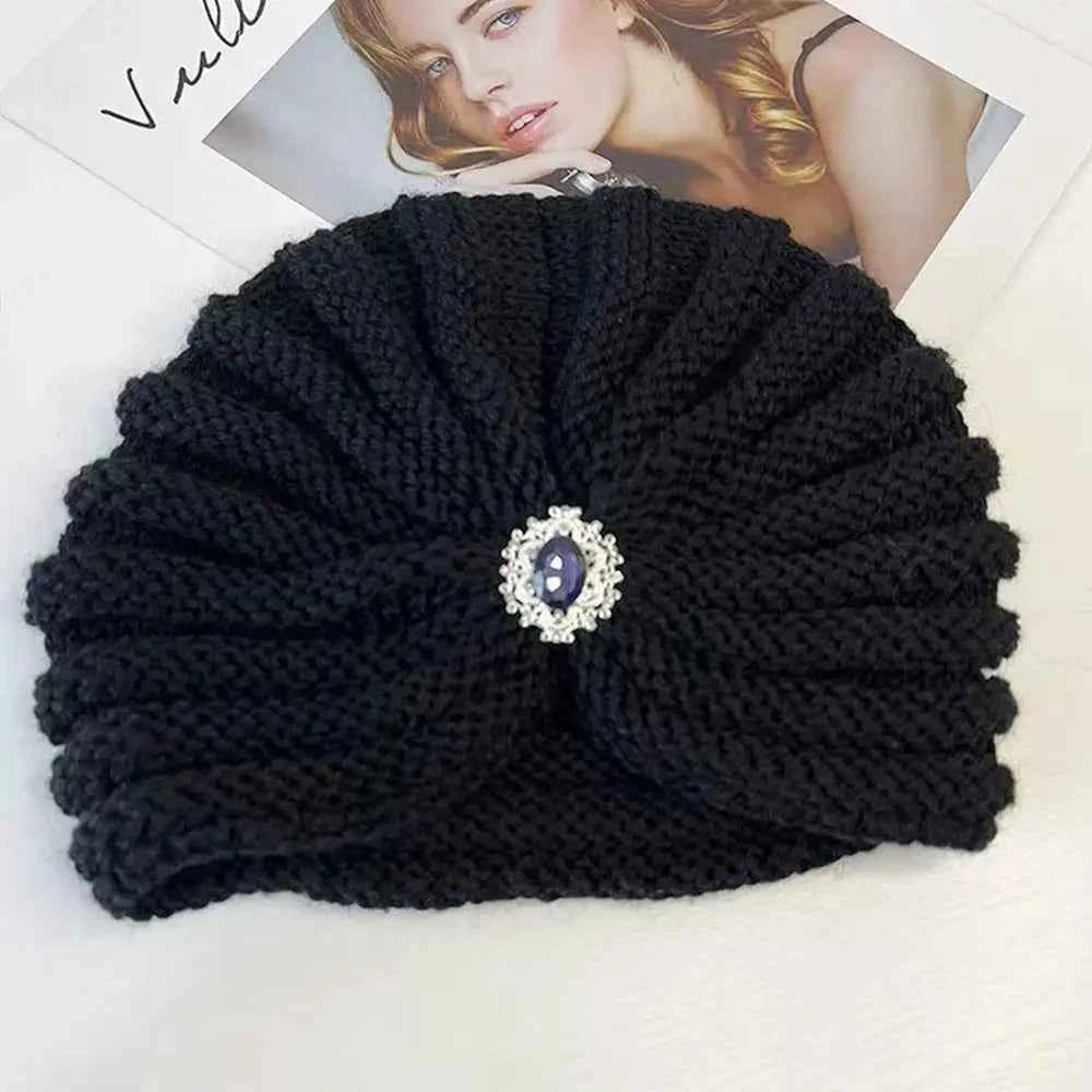 Fashion Winter Warm Hijab Caps Soft Thick Bohemia Turban Diamond Jewelry Wool Knitting Knitted Hats for Women