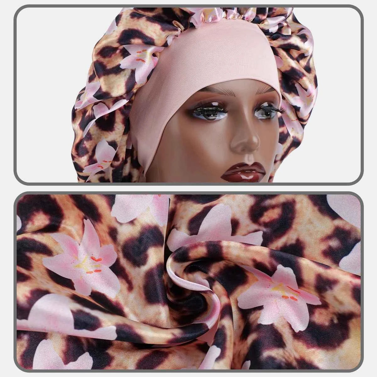 1PC Women's Leopard Print Satin Sleep Bonnet - Adjustable Night Cap for Hair Protection While Sleeping