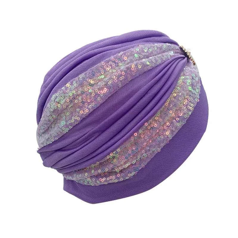 Fashion Sequins Pleated Turban Hat Muslim Headscarf Bonnet Women Head Wraps African Party Headpiece Nigeria Wedding Gele