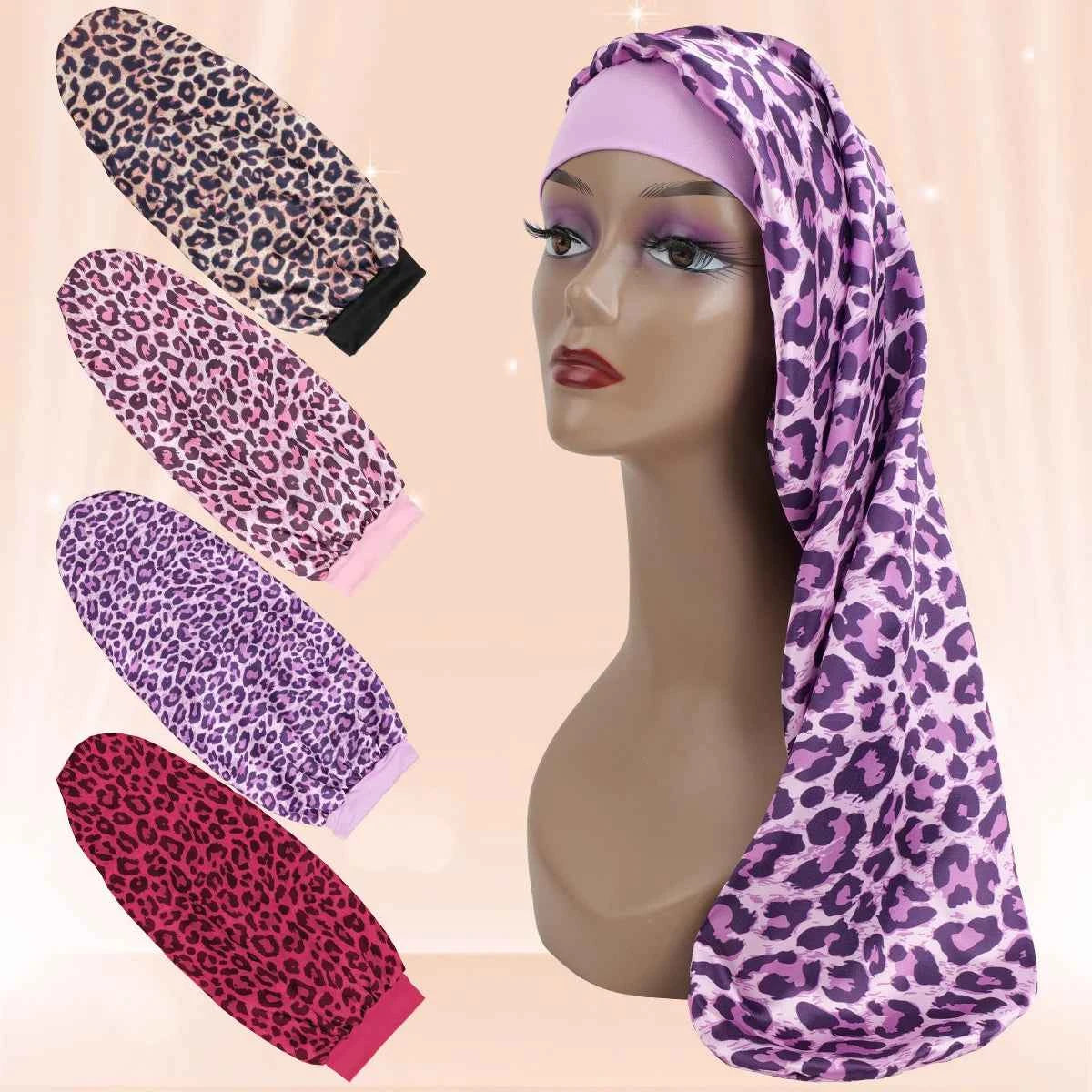 Women's Long Round Tail Bonnet-Silk Sleep Bonnet with Wide Elastic Edge-Hair Protector for Curly & Straight Hair-Leopard Print