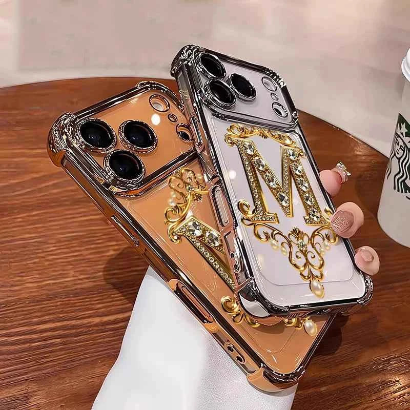 Diamond Golden "M" Pattern New Electroplated Transparent TPU Case For iPhone 17 Pro Max Air 16 15 14 Plus 11 12 13 Bumper Cover