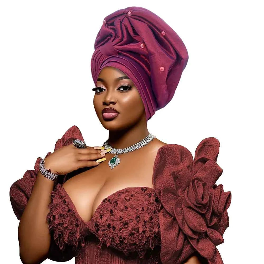 African Female Head Wraps Raw Silk Turban Cap for Women Nigeria Wedding Party Headcover Hat Ready to Wear Head Ties