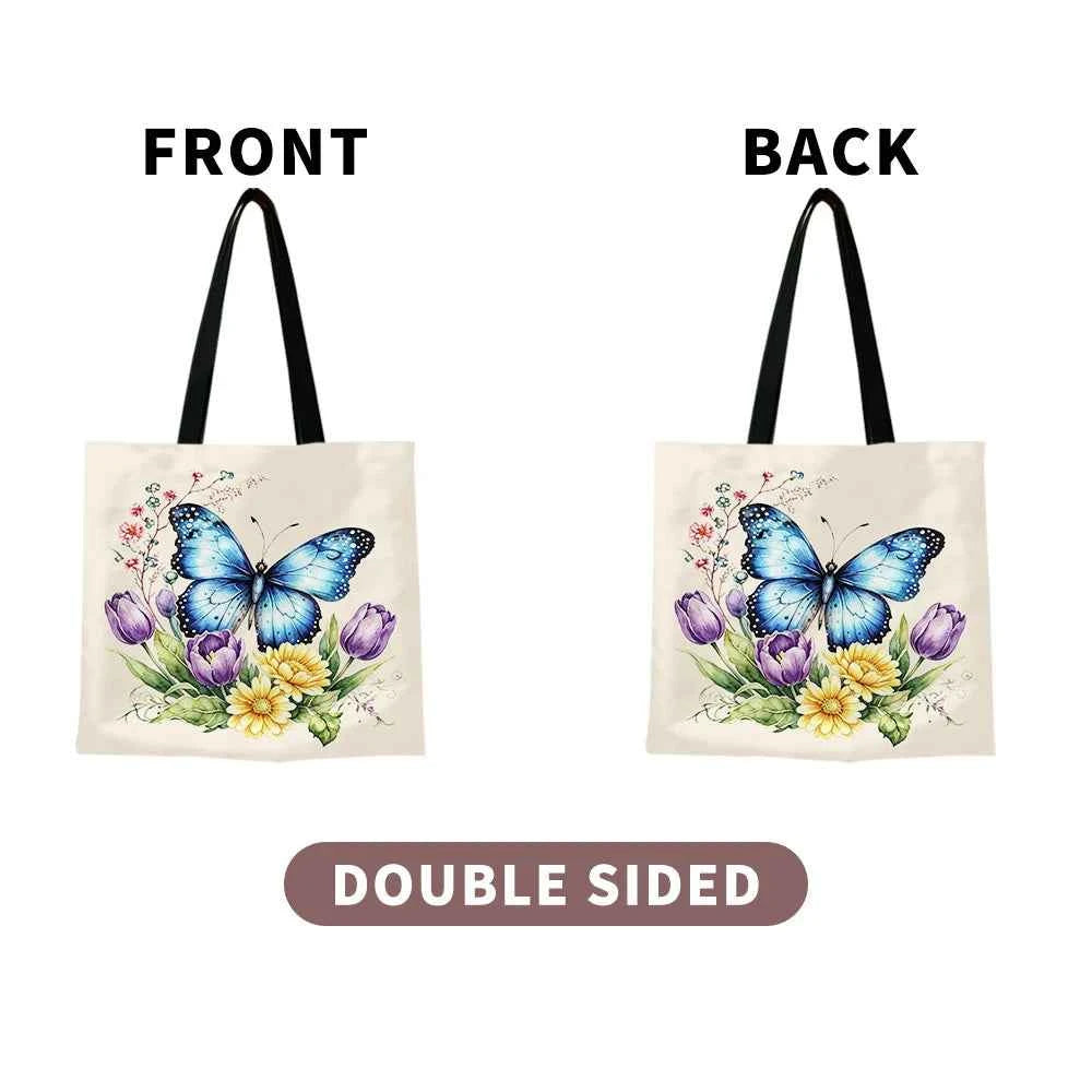 1pc Watercolor Blue Butterfly Floral Canvas Tote Bag – Vibrant Botanical Print with Tulips, Daisies & Wild Sprigs, Eco-Friendly