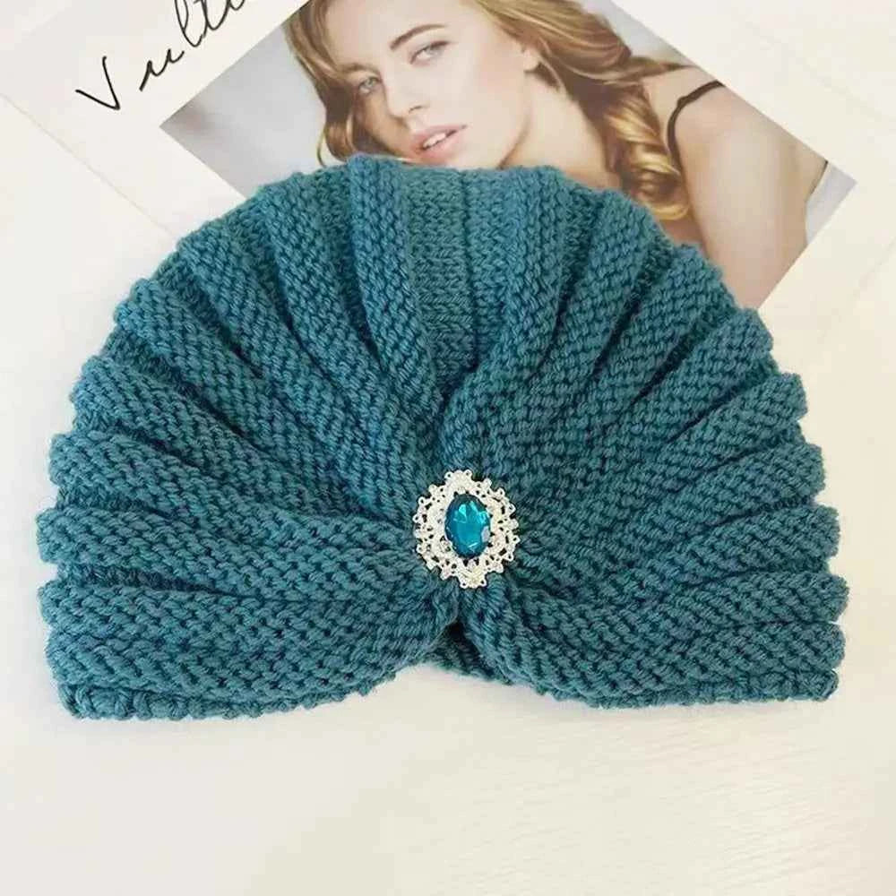 Fashion Winter Warm Hijab Caps Soft Thick Bohemia Turban Diamond Jewelry Wool Knitting Knitted Hats for Women