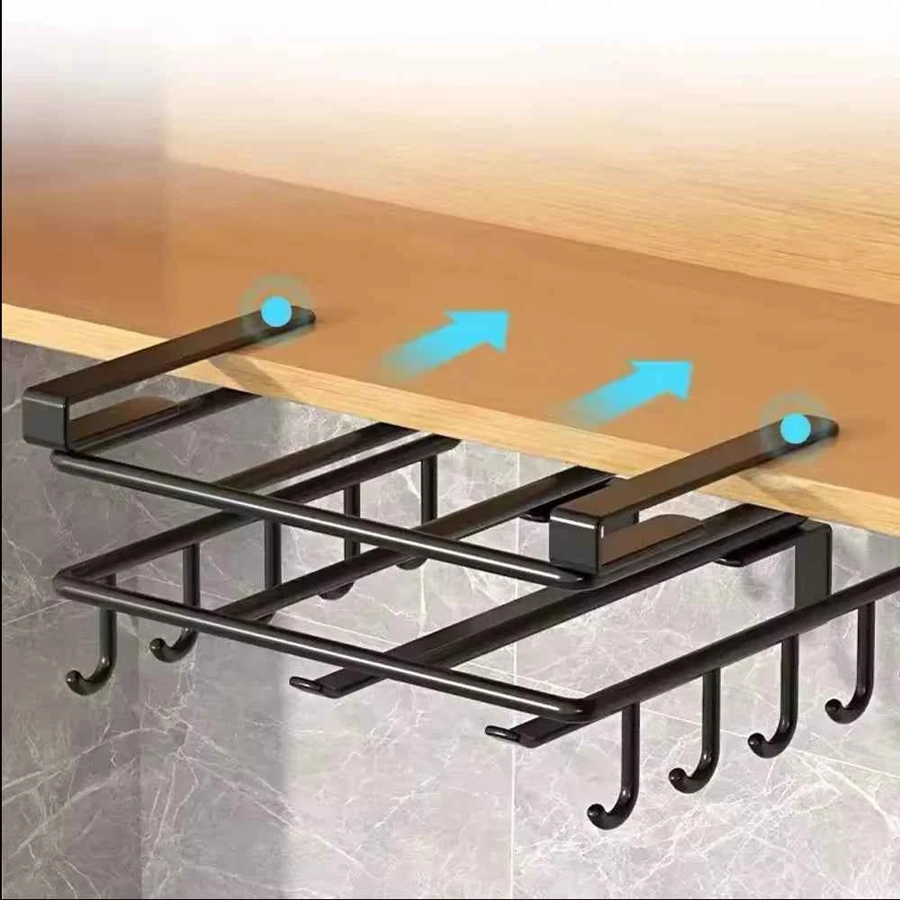 Under Cabinet Kitchen Organizer Rack with Hooks Multi-Purpose Storage Shelf for Paper Towel Cutting Board & Pot Lids