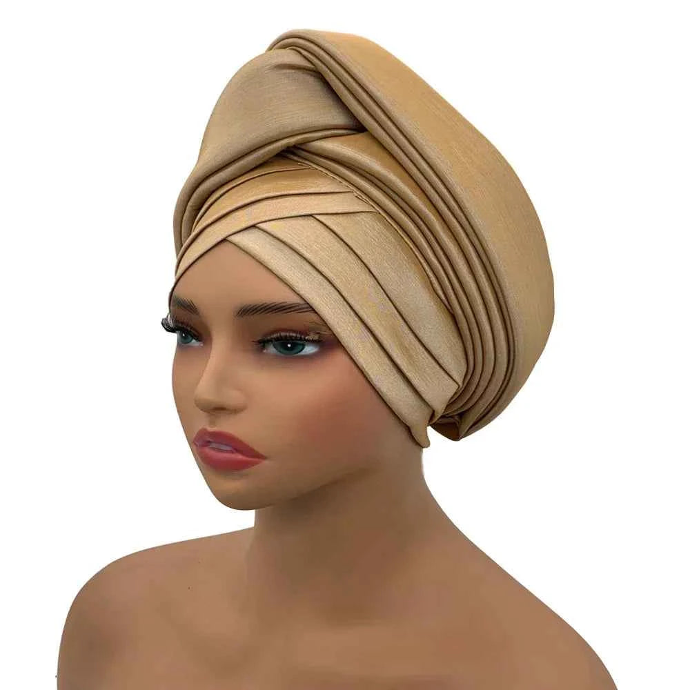 Nigeria Raw Silk Autogele Headtie Wedding Party Headwear Turbante African Lady Head Wraps Knoted Turban Cap for Women