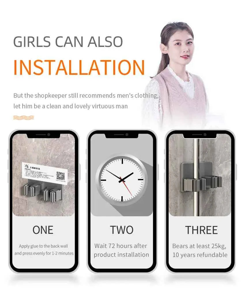 304 Stainless Steel Mop Holder Wall Mounted Adhesive Multi-Purpose Hooks Household Storage Organizer Rack Broom Hanger Stick