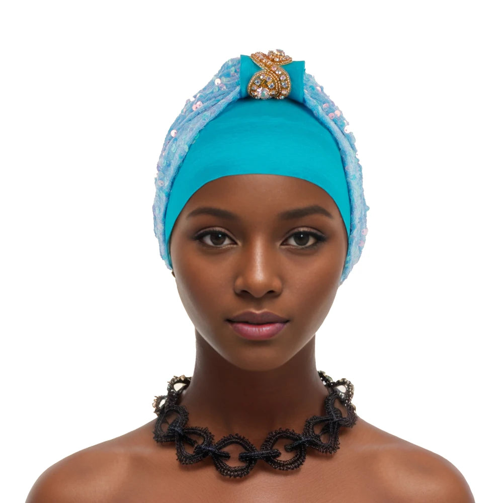 Shining Diamond Sequins Women's Turban Cap African Hat Headtie Bonnet Muslim Headwear Top Knotted Head Caps Turbante Mejur - NamafadStore