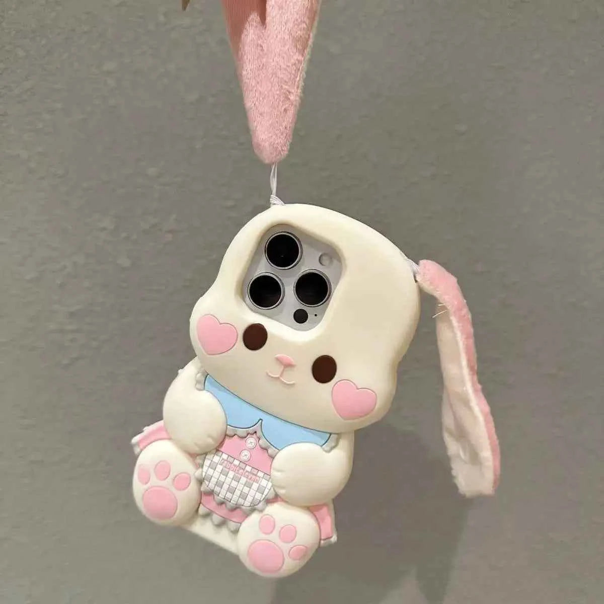 3D Plush Ears Rabbit Phone Case For iPhone 17 16 Promax 15 14 13 12 11 Pro 6 7 8 Plus X XS XR Max Cartoon Soft Silicone Cover