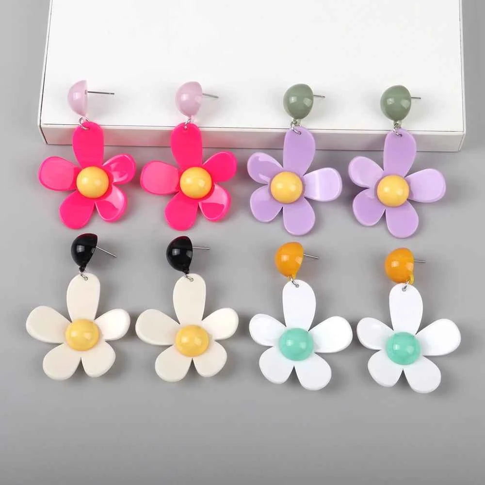 Boho Colorful Acrylic Sunflower Women's Earrings 2024 Trendy Geometric Daisy Flower Long Drop Earring Cute Simple Jewelry Gifts