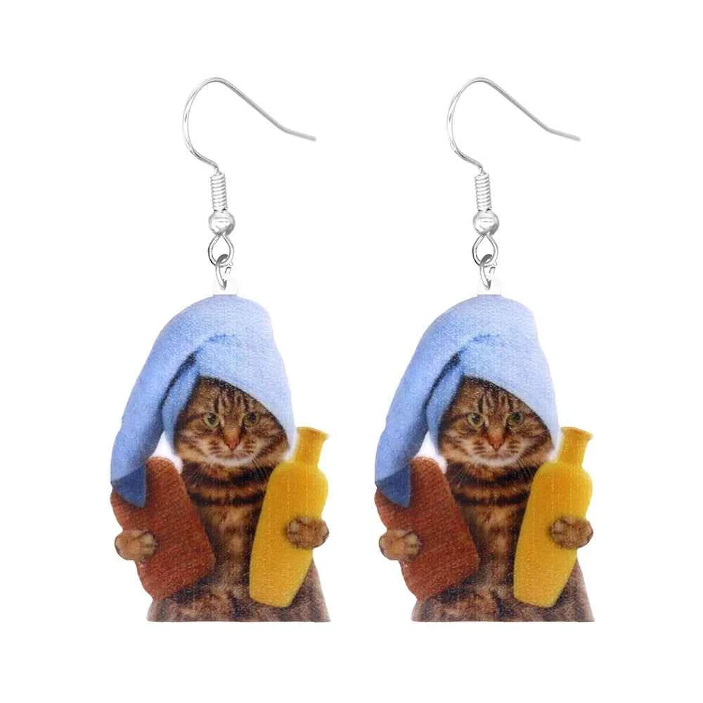 Animal earrings made of acrylic, cute and funny, cat, hamster, dog, cow