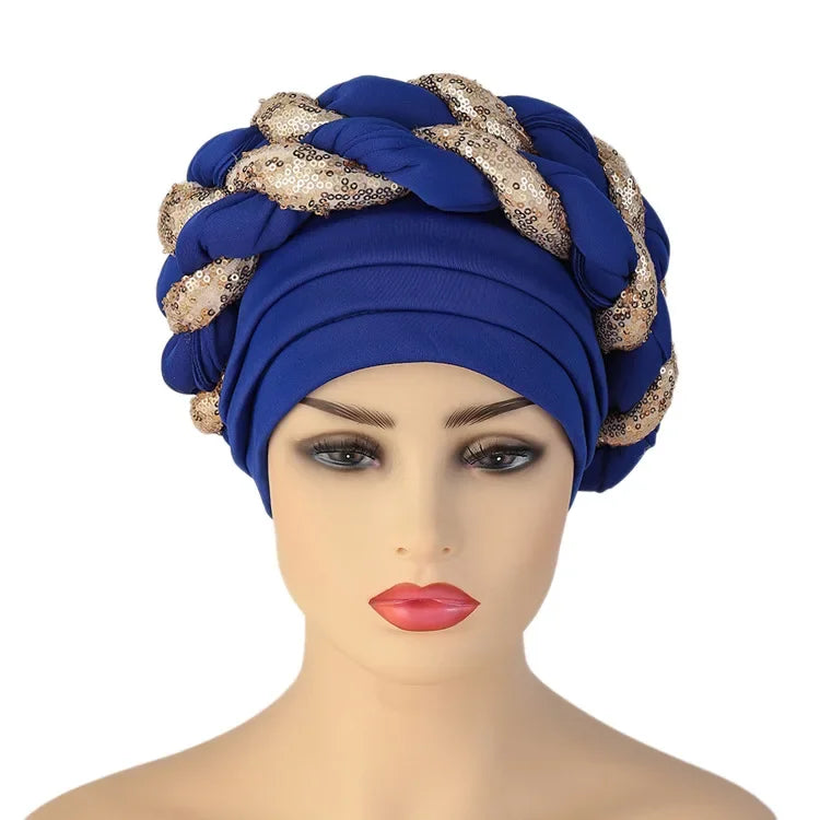 Women Braid Turbans Latest African Headtie Ladies Sequin Head Wraps African Aso Oke Winter Headtie Negerian Wedding Gele Caps