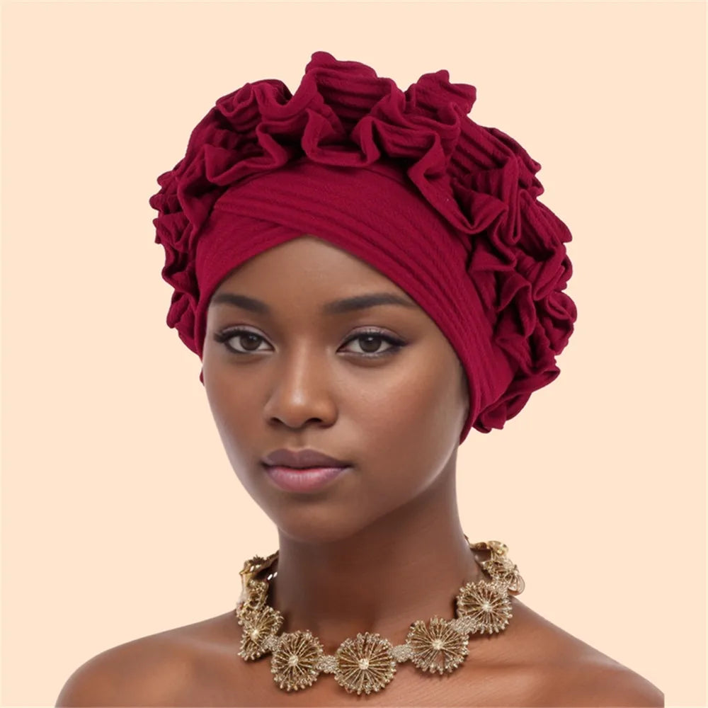 Ruffled Turban Cap Women's Head Wraps Soft Comfortable Headscarf Bonnet Lady Soild Color Headgear - NamafadStore