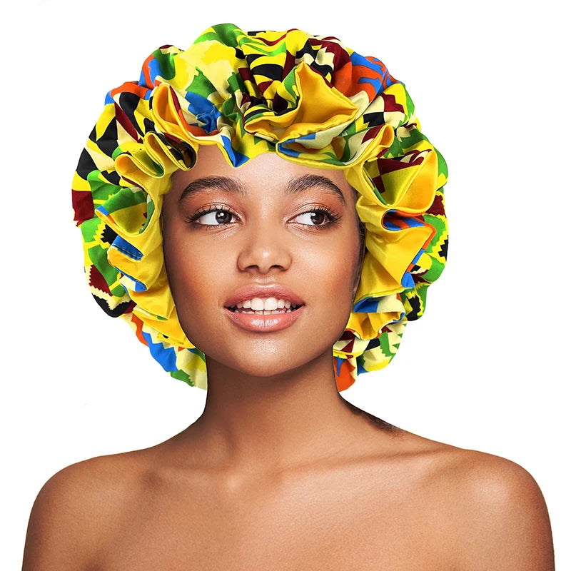African Pattern Print Bonnet Hijabs Hat Women Night Sleep Cap Double Layer Satin Turban Extra Large Head Wear Lady Head Wrap Hat - NamafadStore