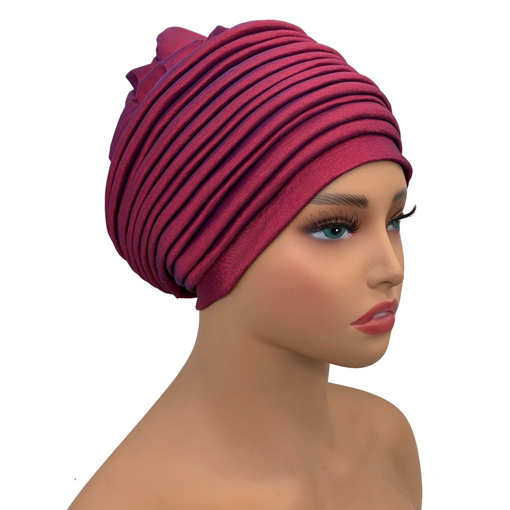 New Raw Silk Pleated Turban Cap for Women African Female Head Wraps Nigeria Lady Headwear Hat Wedding Headtie - NamafadStore