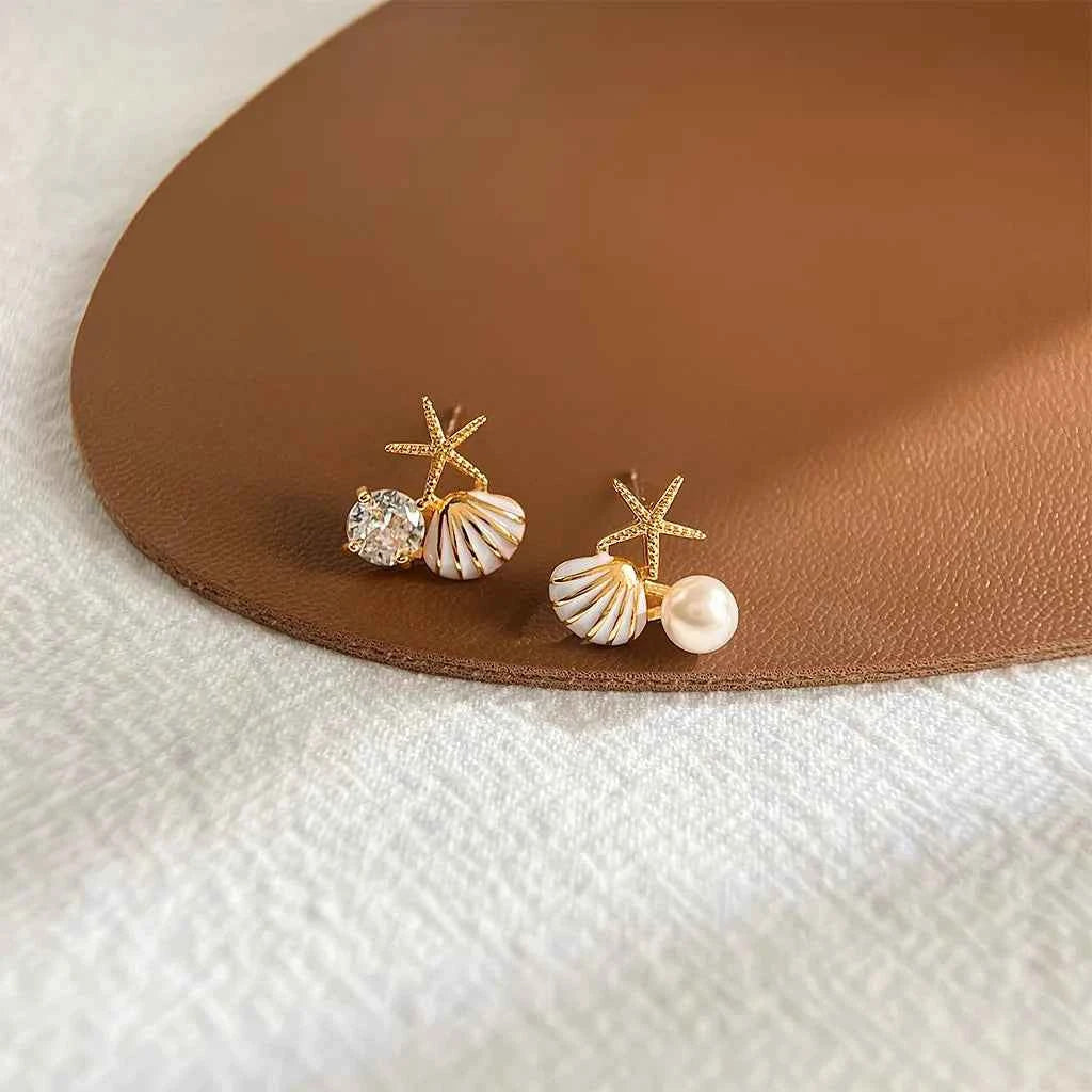 Cute Small Starfish Shell Stud Earrings for Women Asymmetric Rhinestones Imiation Pearl Charms Earrings Trendy Sweet Jewelry