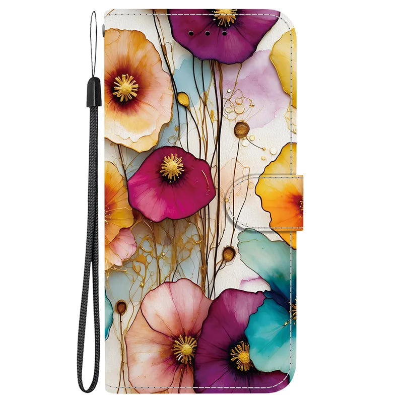 Elegant Colored Flower Wallet Phone Case For iPhone 15 14 Plus 13 Mini 15Pro Pro Max Magnetic Flip Leather Cover Cute 3D Pattern