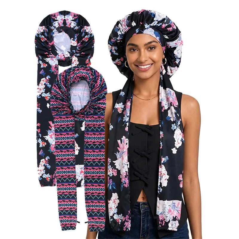 2-Piece Ice Silk Hair Bonnet & Head Wrap – Long Tube Sleep Caps