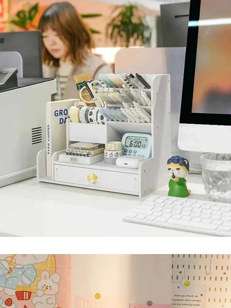 Mark Pen Pencil Holder Wooden Desk Organizers Shelves Accessories Desktop Stationery Organizer Bookshelf Home Office Storage Box