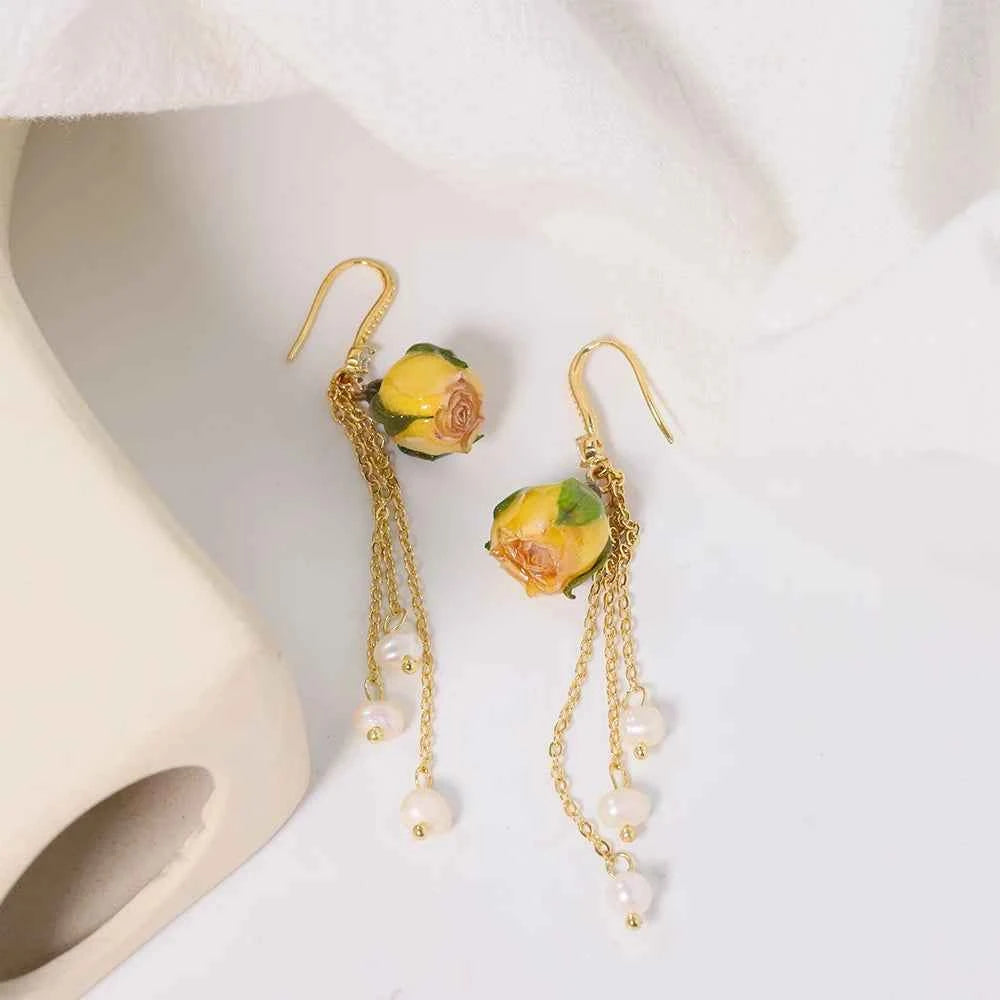 Natural Freshwater Pearl Drop Gel Flower Earrings Korean Style Women's Luxury Vintage Jewelry Fashion Ladies and Girls Gift