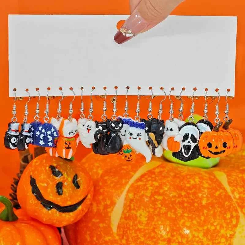 Halloween Fashion Creative Cartoon Earrings, Personalized Cute Pumpkin Ghost Bat Earrings Set