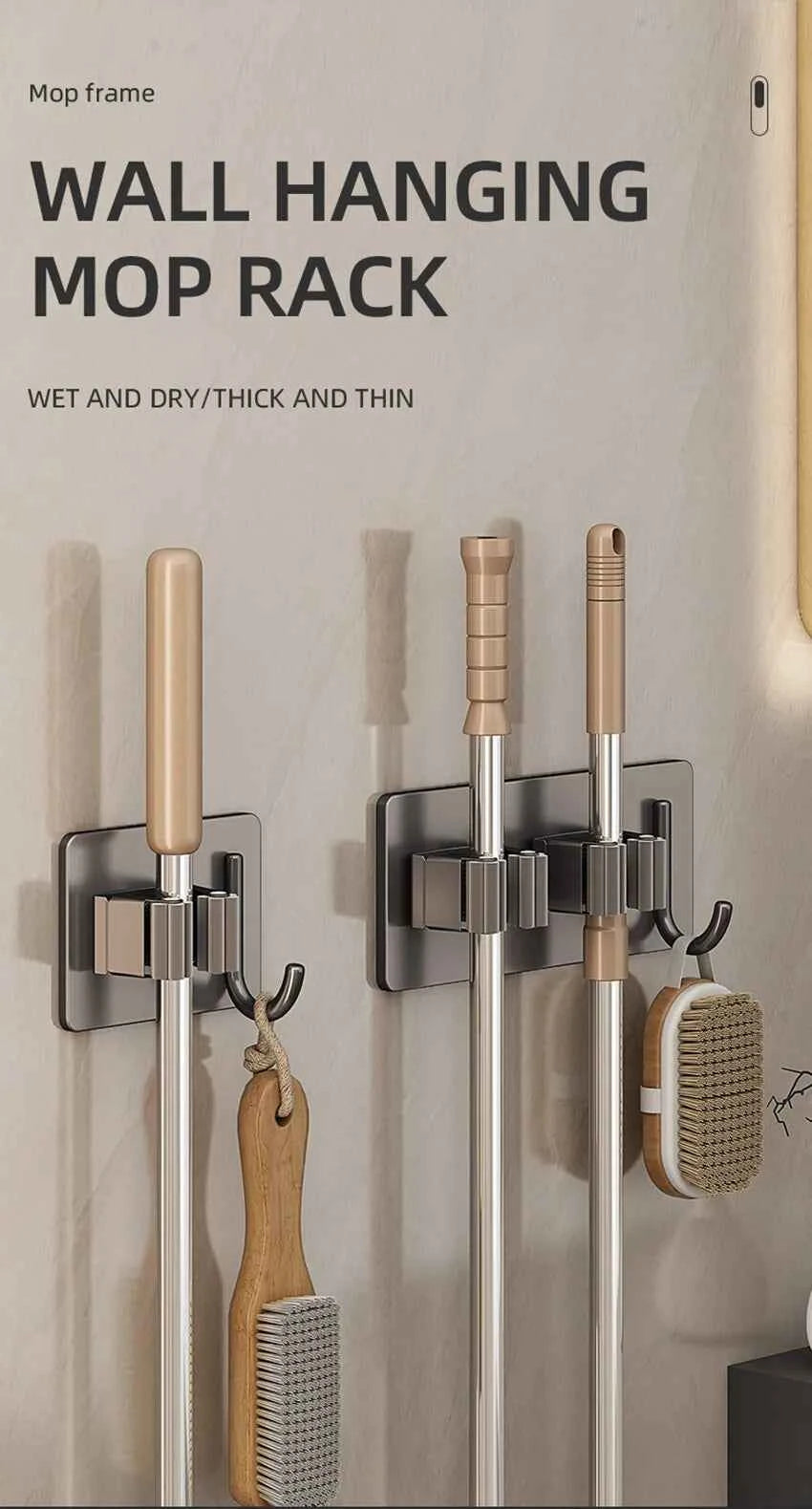 304 Stainless Steel Mop Holder Wall Mounted Adhesive Multi-Purpose Hooks Household Storage Organizer Rack Broom Hanger Stick