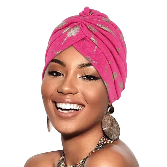 Feather Gold Stamping Fabric Turban Cap for Women African Wrap Head Bonnet Muslim Under Scarf Hat Turbante Mujer - NamafadStore